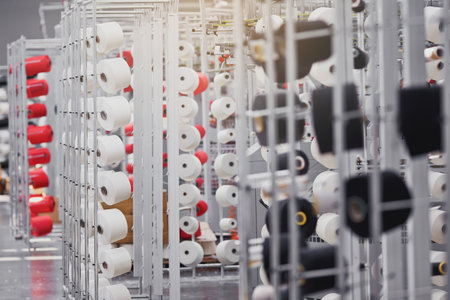 Cotton yarn production line in a textile factory. Industrial background.の写真素材