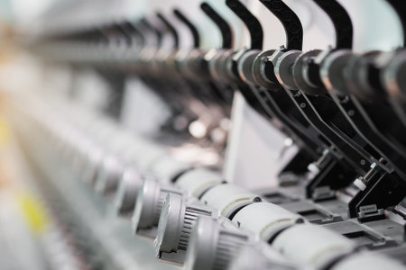 Close up of spinning machinery and equipment in a spinning production line.の写真素材