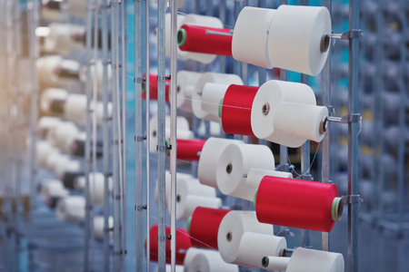 Textile factory, textile industry and garment industry concept - close up of cotton spoolsの写真素材