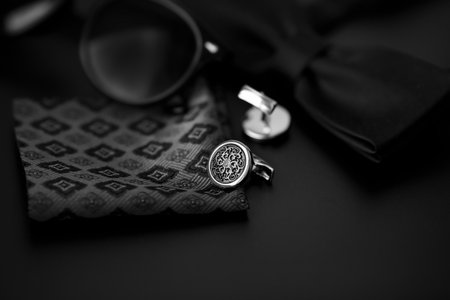 Business accessories. Luxury Men's cufflinks with watch, breastplate and sunglasses close up.の写真素材