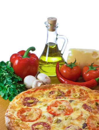 Pizza and ingredient isolated on whiteの写真素材