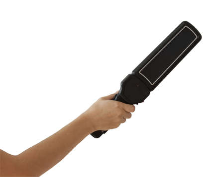 Isolated on white hand with black body scanner metal detector with clipping path includedの写真素材