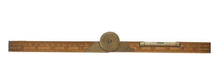 Antique carpenter's boxwood folding rule marked Rabone with brass level and protractor isolated on white containing clipping pathの写真素材