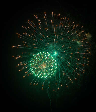 Green firework explosion in black skyの写真素材