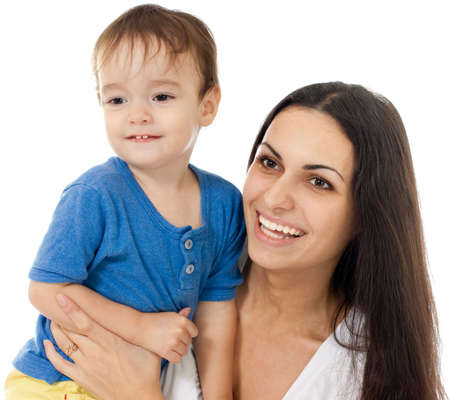 Happy mother and son together isolated on whiteの写真素材