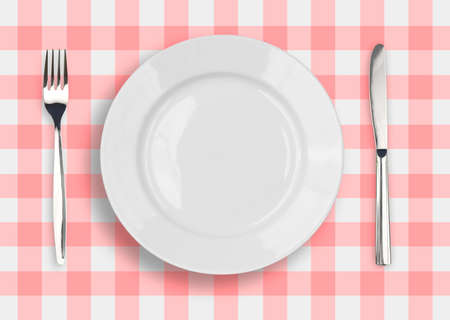 Knife, white plate and fork on blue checked tableclothの写真素材