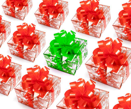 Rows of red packed  xmas gifts with one highlighted in green