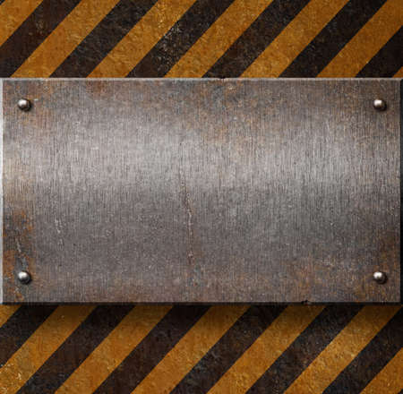 Grunge metal plate with black and yellow stripesの写真素材