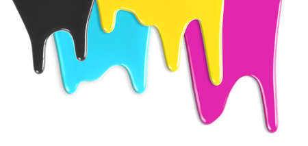 CMYK cyan magenta yellow black inks dripping isolated on whiteの写真素材