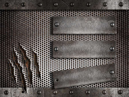 three rusty plates over metal holed or perforated grid background