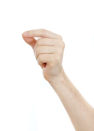 male hand holding some thing object isolated on whiteの写真素材