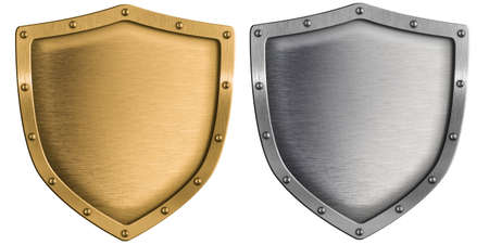metal shields set silver and gold isolated on whiteの写真素材