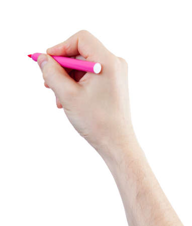magenta felt pen in hand isolated on whiteの写真素材