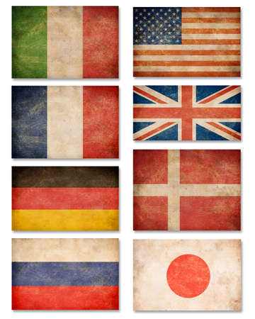 Collection of grunge flags  USA, Great Britain, Italy, France, Denmark, Germany, Russia, Japanの写真素材