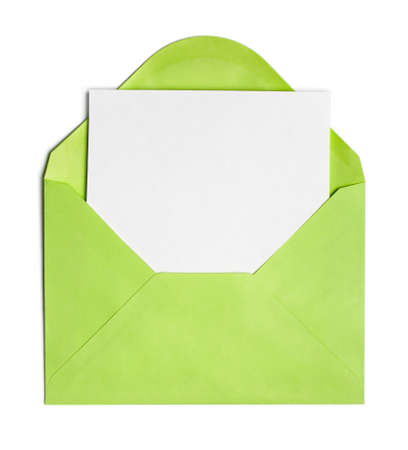 Opened green envelope or cover with blank paper sheet includedの写真素材
