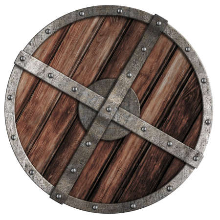 Old viking wooden shield with metal border isolated on whiteの写真素材