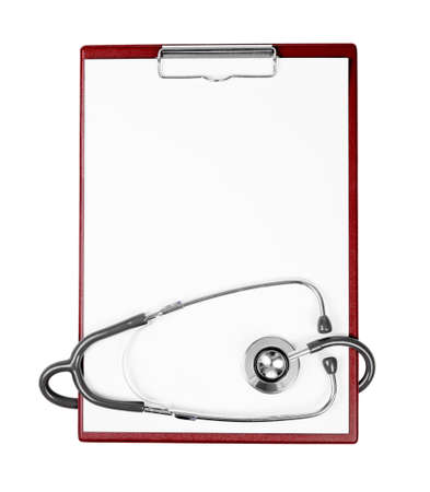 medical clipboard with blank paper sheet and stethoscopeの写真素材