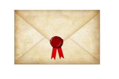 old paper letter with wax seal and bow isolated on whiteの写真素材