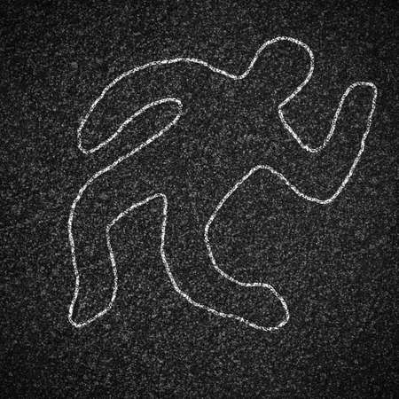 Chalk outline of dead body on asphalt roadの写真素材