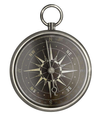 antique metal compass with dark face isolated on whiteの写真素材