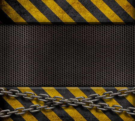 Grunge metal plate with yellow and black stripesの写真素材