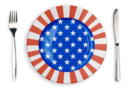 USA or American flag  plate, fork and knife top view isolatedの写真素材
