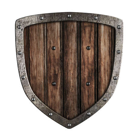Old wooden shield isolated on whiteの写真素材