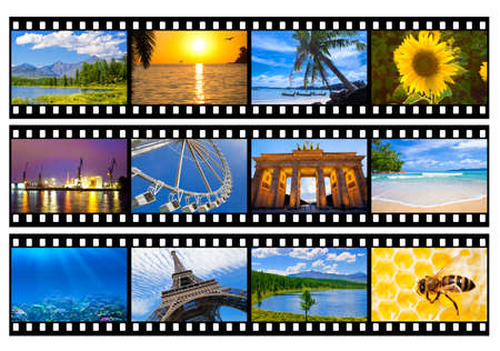 Travel photos or pictures film strip isolated on whiteの写真素材