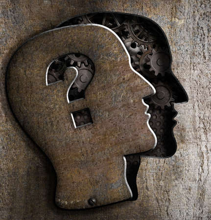 Human brain open with question mark on metal lid