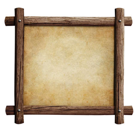old wooden frame with paper or parchment background isolated on whiteの写真素材
