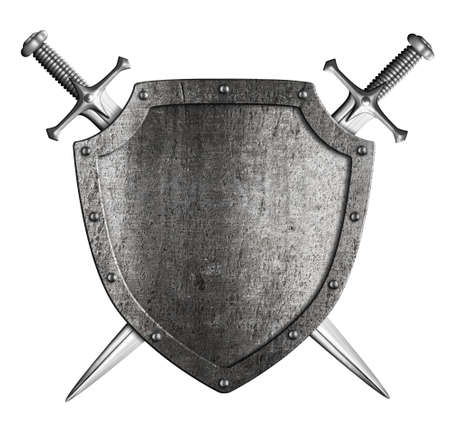 aged metal shield with two knight crossed swords isolated on whiteの写真素材