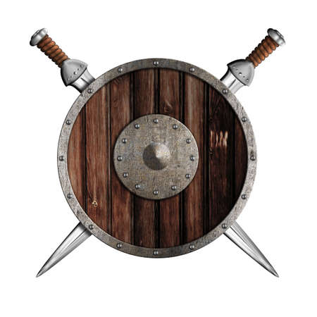 Two knight swords and wooden round shield isolatedの写真素材