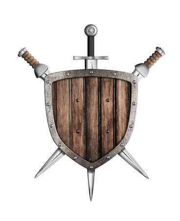 swords and wooden shield isolatedの写真素材