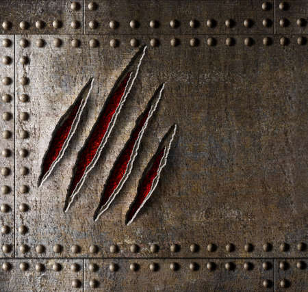 claw scratches on armor metal wall backgroundの写真素材