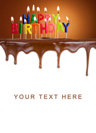 Happy birthday lit candles on chocolate cake templateの写真素材
