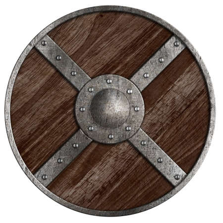 Medieval vikings round wooden shield isolated on whiteの写真素材