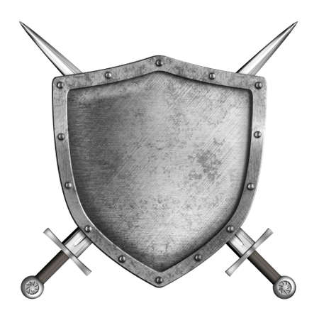 medieval metal knight shield with crossed swords isolated on whiteの写真素材