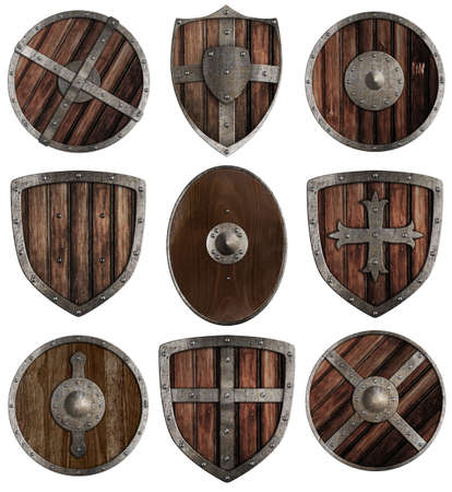 medieval wooden shields collection isolated on whiteの写真素材