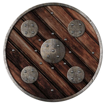 Medieval round wooden shield of vikings isolated on whiteの写真素材