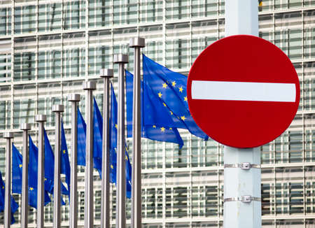 No entry sign in front of EU government buildingの写真素材