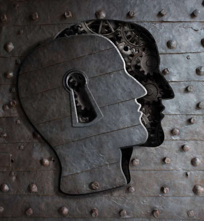 Human brain door with keyhole concept made from metal gears and cogsの写真素材