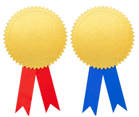 gold paper seal or medal with blue and red bow set isolatedの写真素材
