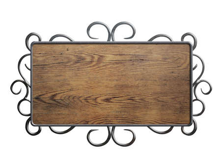 Old wood plate or sign in metal frame isolated on whiteの写真素材