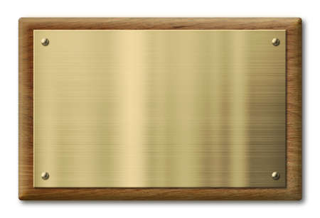 wood plaque with brass or gold metal plate isolated with clipping path includedの写真素材