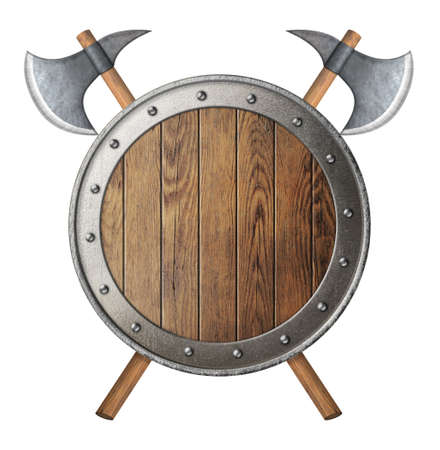 round wooden knight shield and two crossed battle-axes isolatedの写真素材