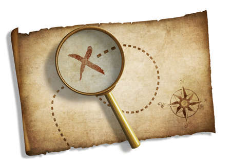 old magnifying glass and pirates treasure map isolated