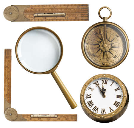 Vintage accessories set. Clock, magnifying glass, compass and ruler isolated