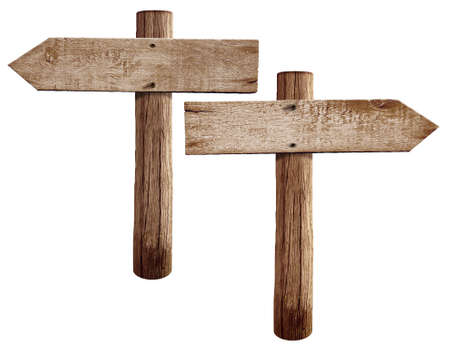 Old wooden road signs right and left arrows isolatedの写真素材