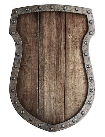 medieval wooden coat of arms shield isolatedの写真素材