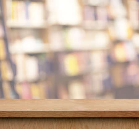 empty wood shelf for product display in book shop or libraryの写真素材